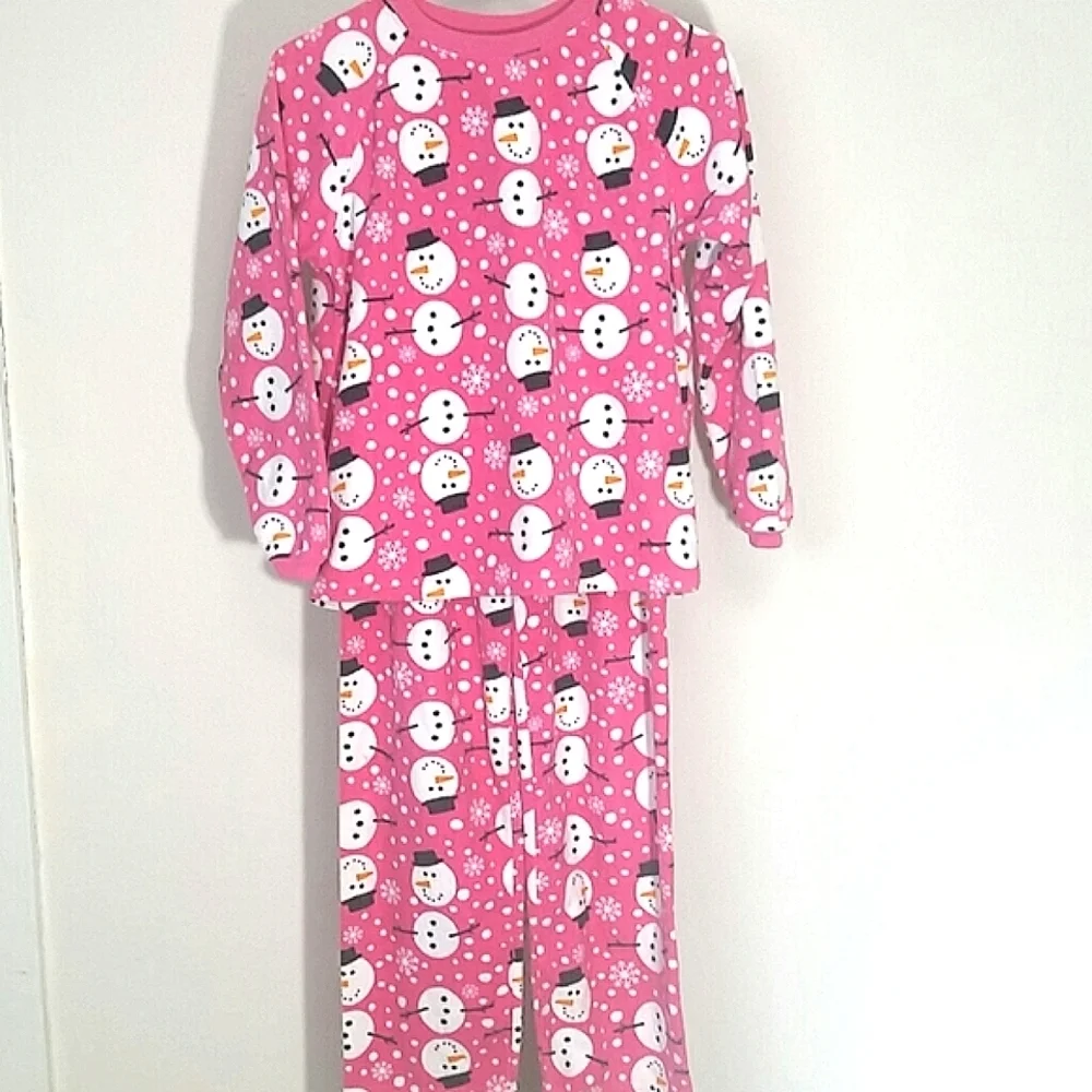 Girls Pajamas fleece Snowman print pink white pj's 2 pieces matching EUC sz 10